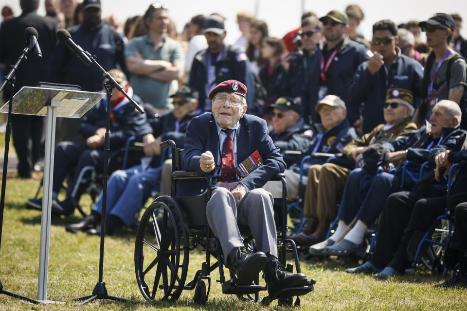 World War II veteran Britain's Bill Gladden attends a ceremony outside the Pegasus Bridge memorial in Benouville, Normandy, Monday June 5, 2023. Dozens of World War II veterans have traveled to Normandy this week to mark the 79th anniversary of D-Day, the decisive but deadly assault that led to the liberation of France and Western Europe from Nazi control. (AP Photo/Thomas Padilla)