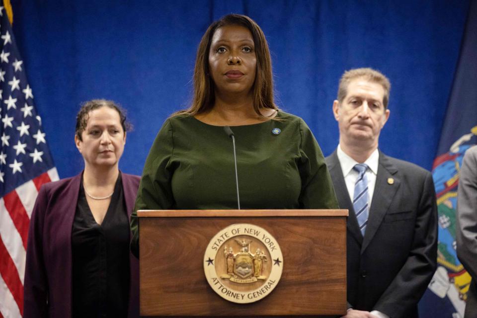 New York Attorney General Letitia James speaks during a press conference on Wednesday, Sept. 21, 2022, where she announced she has filed a civil suit against former President Donald Trump and his family for overstating asset valuations and deflating his net worth by billions for tax and insurance benefits.