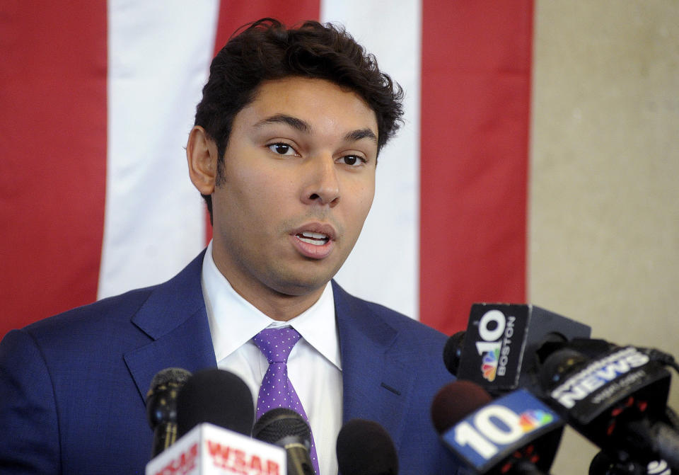 Mayor Jasiel Correia tells his side of the story about his indictment during a press conference Tuesday, Oct. 16, 2018, held at the Fall River Government Center in Fall River, Mass. (Dave Souza/The Herald News of Fall River via AP)