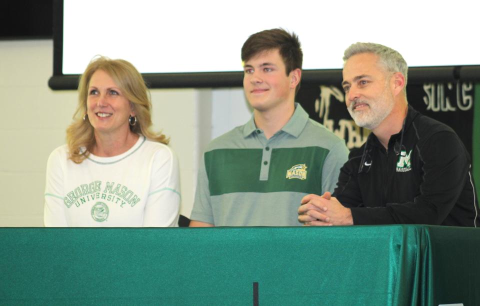 Mason senior Michael Bilo signed to play baseball for George Mason. Mason High School celebrated 35 seniors signing national letters of intent Feb. 7. 2024.