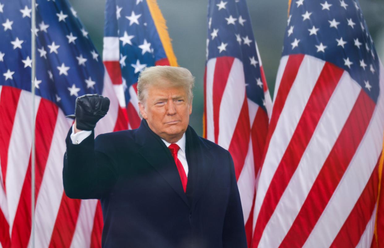 <p>Donald Trump makes a fist during a rally to contest the certification 2020 US presidential election</p> (Reuters)