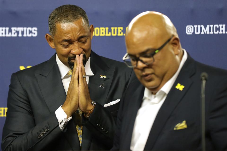 University of Michigan basketball head coach Juwan Howard becomes emotional as athletic director Warde Manuel introduces him as the new head coach during a press conference on Thursday, May 30, 2019 at Crisler Center in Ann Arbor, Mich.