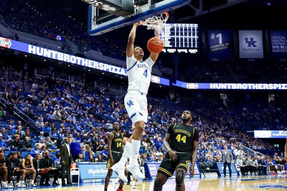 Kentucky forward Tre Mitchell (4) had a busy stat line in UK’s 99-53 exhibition win over NCAA Division II Kentucky State. The West Virginia transfer had 15 points, 10 rebounds, four assists, three steals and two blocked shots.