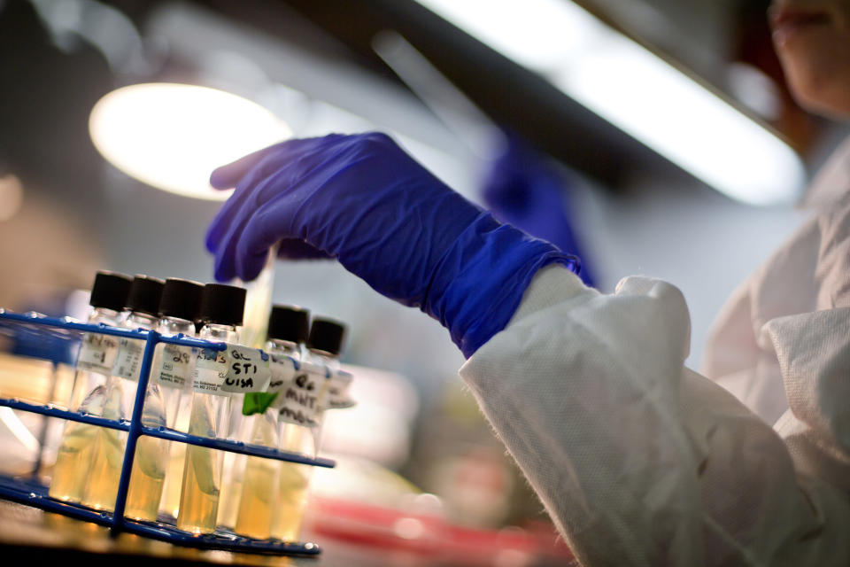 Un microbiólogo trabaja con tubos de muestras de bacterias en un laboratorio de caracterización y resistencia a los antimicrobianos dentro del Laboratorio de Enfermedades Infecciosas de los Centros para el Control y la Prevención de Enfermedades de Atlanta en 2013 (AP /David Goldman)