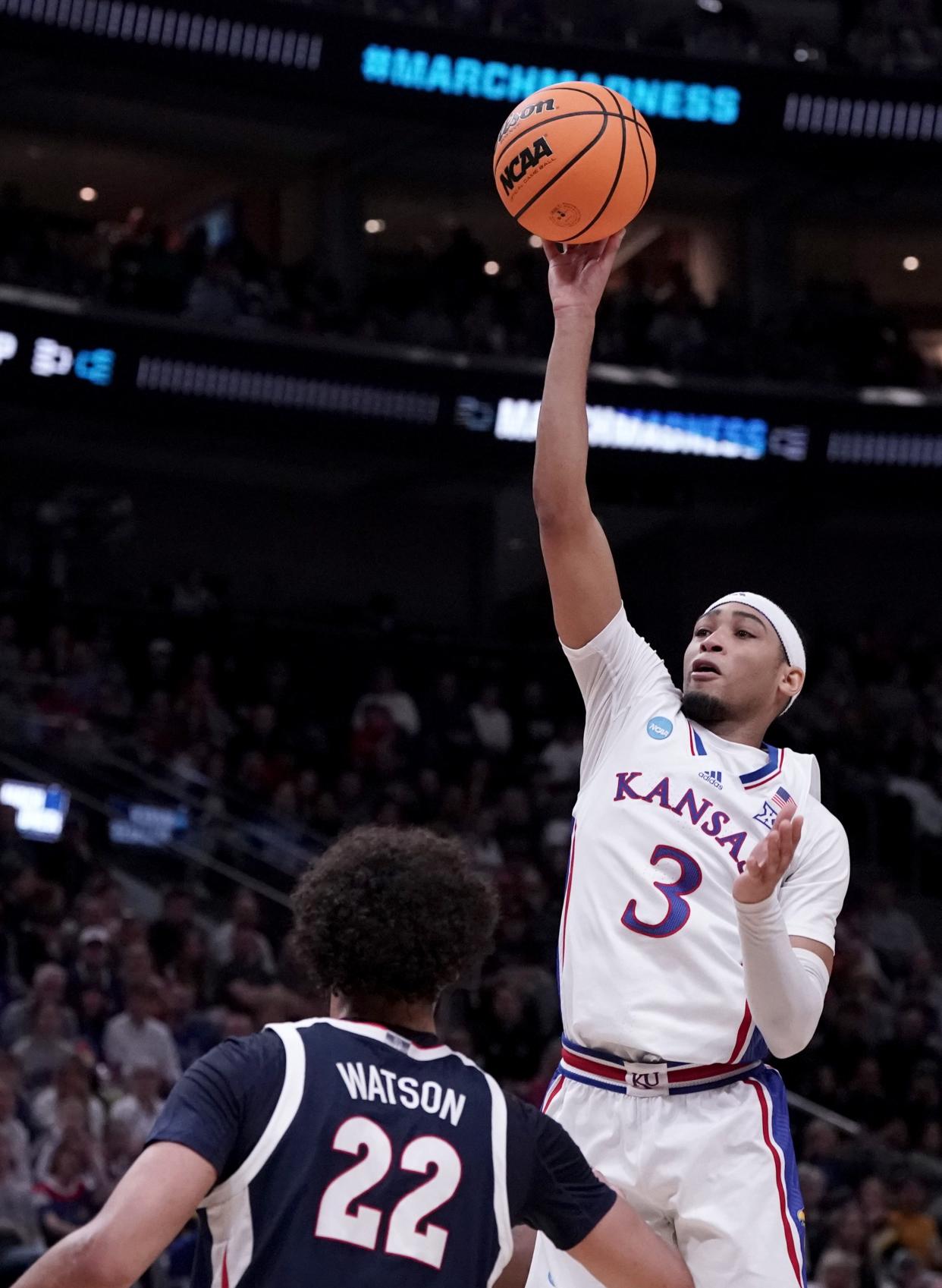 Kansas basketball guard Dajuan Harris Jr. takes a shot Saturday during a NCAA tournament game against Gonzaga in Salt Lake City, Utah.