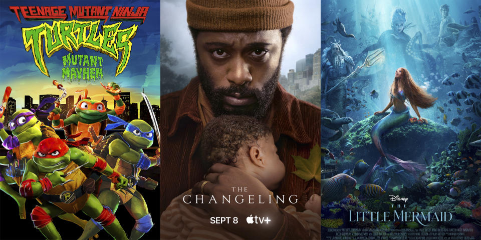 This combination of images shows promotional art for “Teenage Mutant Ninja Turtles: Mutant Mayhem,” left, the Apple TV+ series "The Changeling," center, and "The Little Mermaid." (Paramount/Apple TV+/Disney via AP)