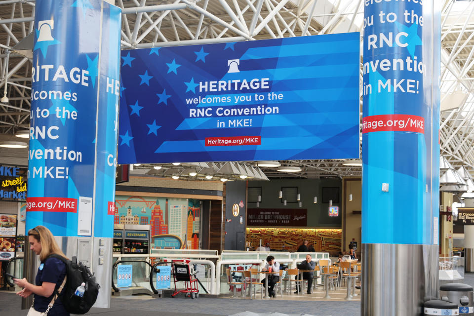 MILWAUKEE, WISCONSIN - JULY 12: A Heritage Foundation welcome sign for the Republican National Convention (RNC) is seen at the Milwaukee Mitchell International Airport on July 12, 2024 in Milwaukee, Wisconsin. Republican presidential candidate, former U.S. President Donald Trump is expected to formally accept the GOP nomination for the 2024 U.S. presidential election during the convention.  (Photo by Michael M. Santiago/Getty Images)