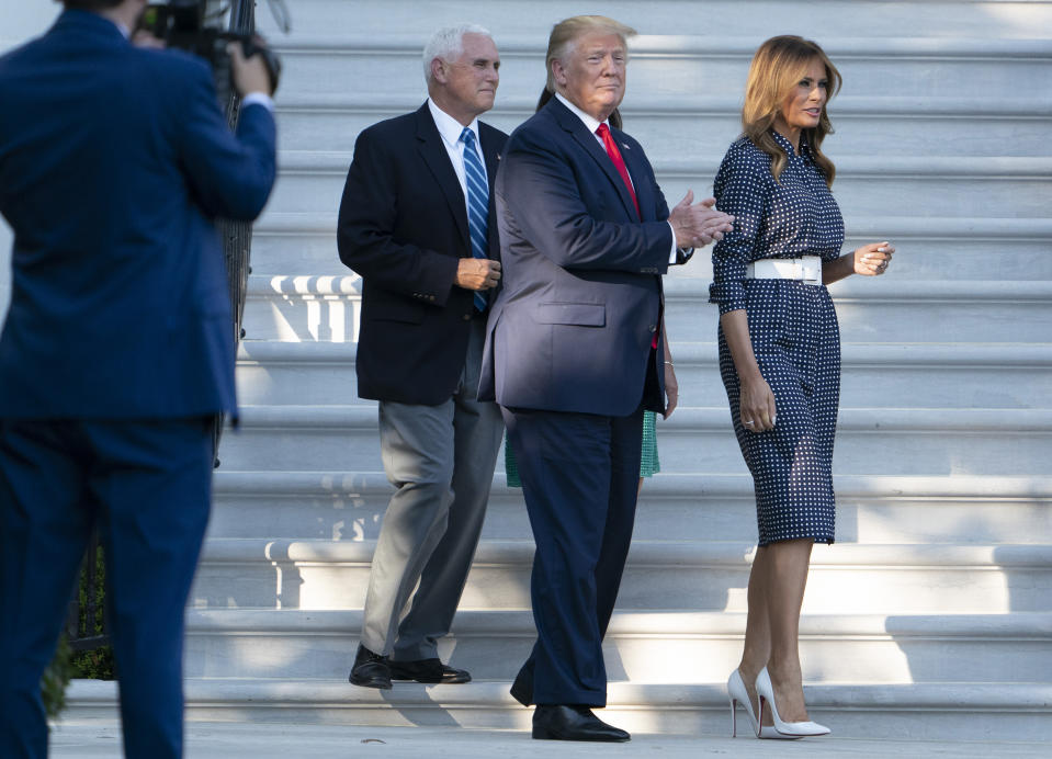 Melania Trump attended the Congressional Picnic at the White House wearing classic navy and polka dots. (Photo: Getty Images)