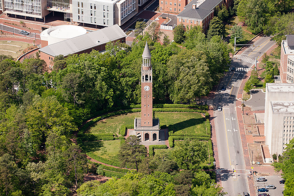 CHAPEL HILL, NC – APRIL 21: An aerial view of the University of North Carolina campus including the Morehead-Patterson Bell Tower (center) on April 21, 2013 in Chapel Hill, North Carolina. (Photo by Lance King/Getty Images)