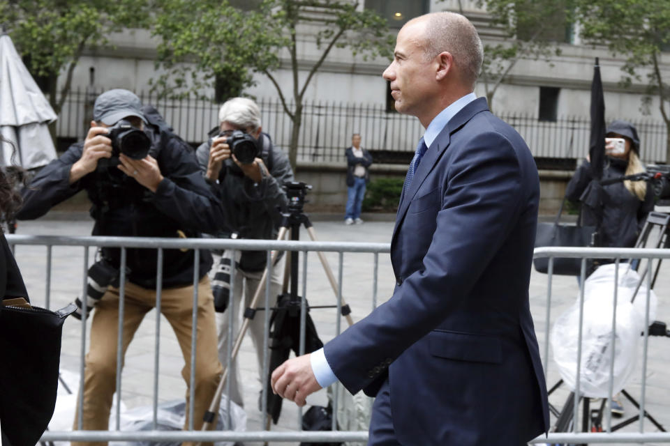 Michael Avenatti is is photographed as he leaves a federal courthouse in New York, Tuesday, May 28, 2019, after a hearing where he pleaded not guilty to charges that he defrauded his most famous client, porn star Stormy Daniels. (AP Photo/Richard Drew)