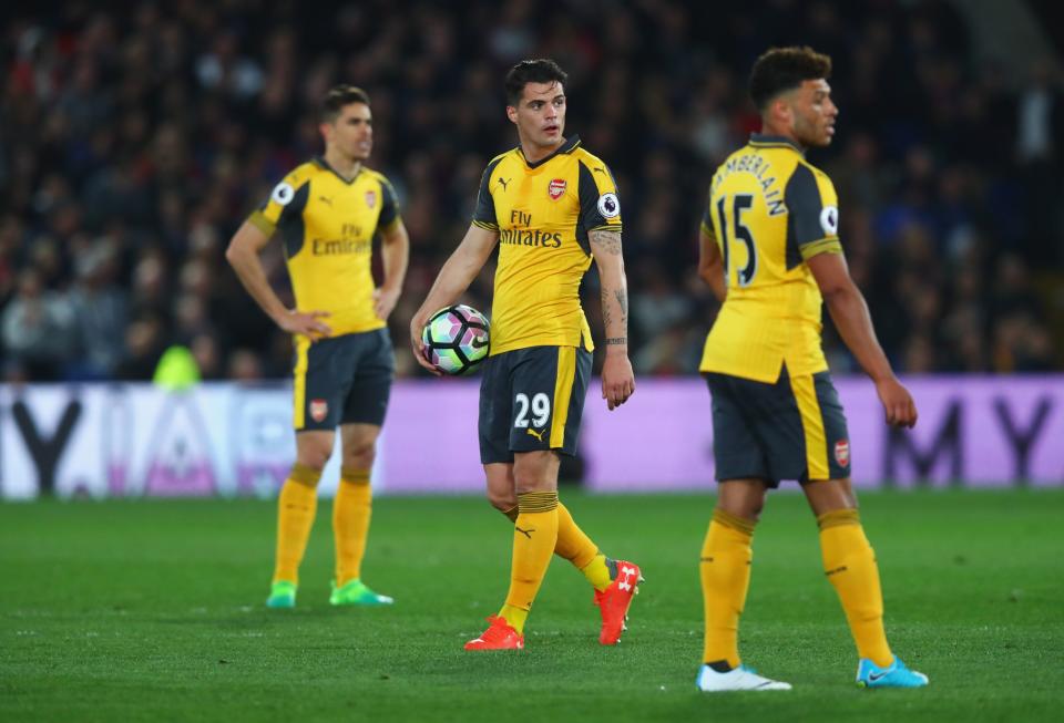 <p>Granit Xhaka looks on unhappily after Palace’s third goal</p>