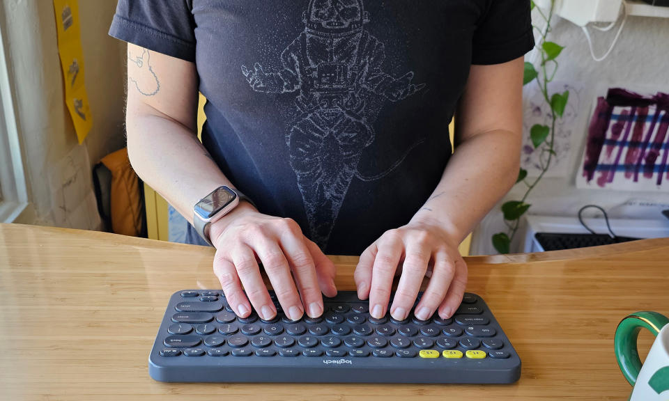 <p>A standard keyboard keeps your arms tight to your body and makes you splay your hands outward at the wrists.</p>
