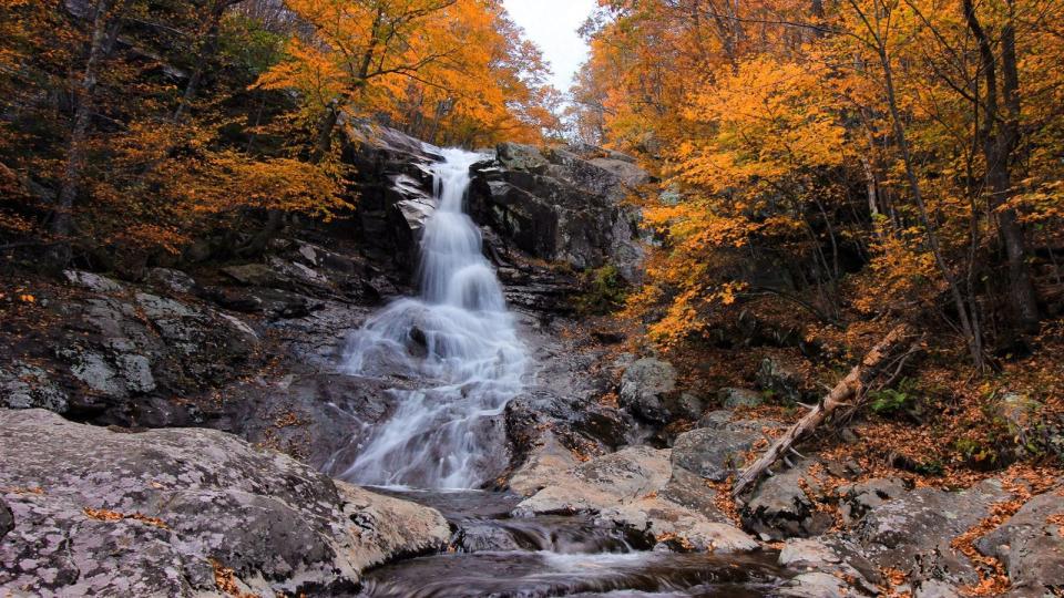 Dark Hollow Falls in Shenandoah National Park is fringed with trees that turn beautiful colors in fall.