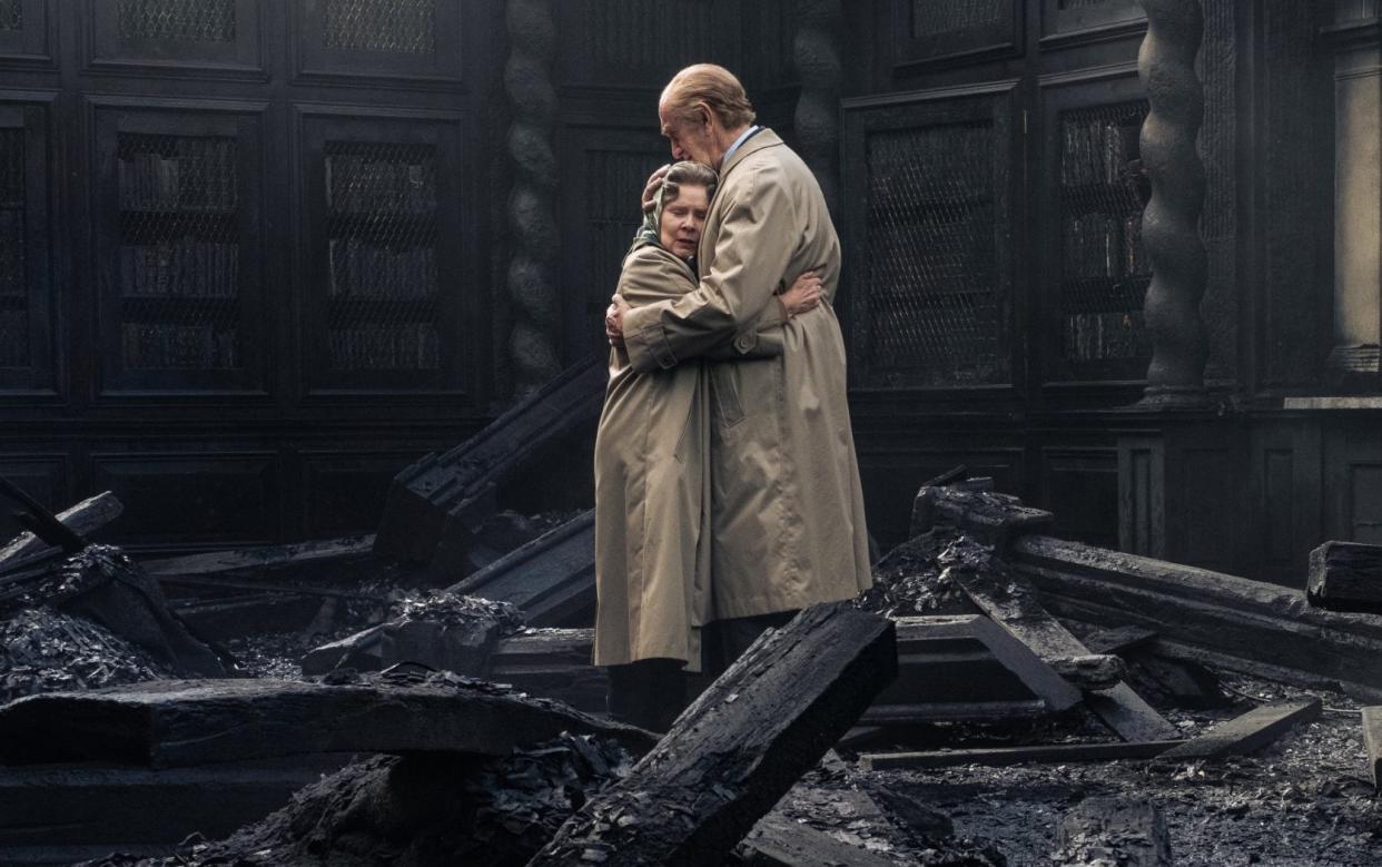 Imelda Staunton as Queen Elizabeth II and Jonathan Pryce as Prince Philip, the Duke of Edinburgh, in The Crown's depiction of the Windsor Castle fire - Keith Bernstein/Netflix