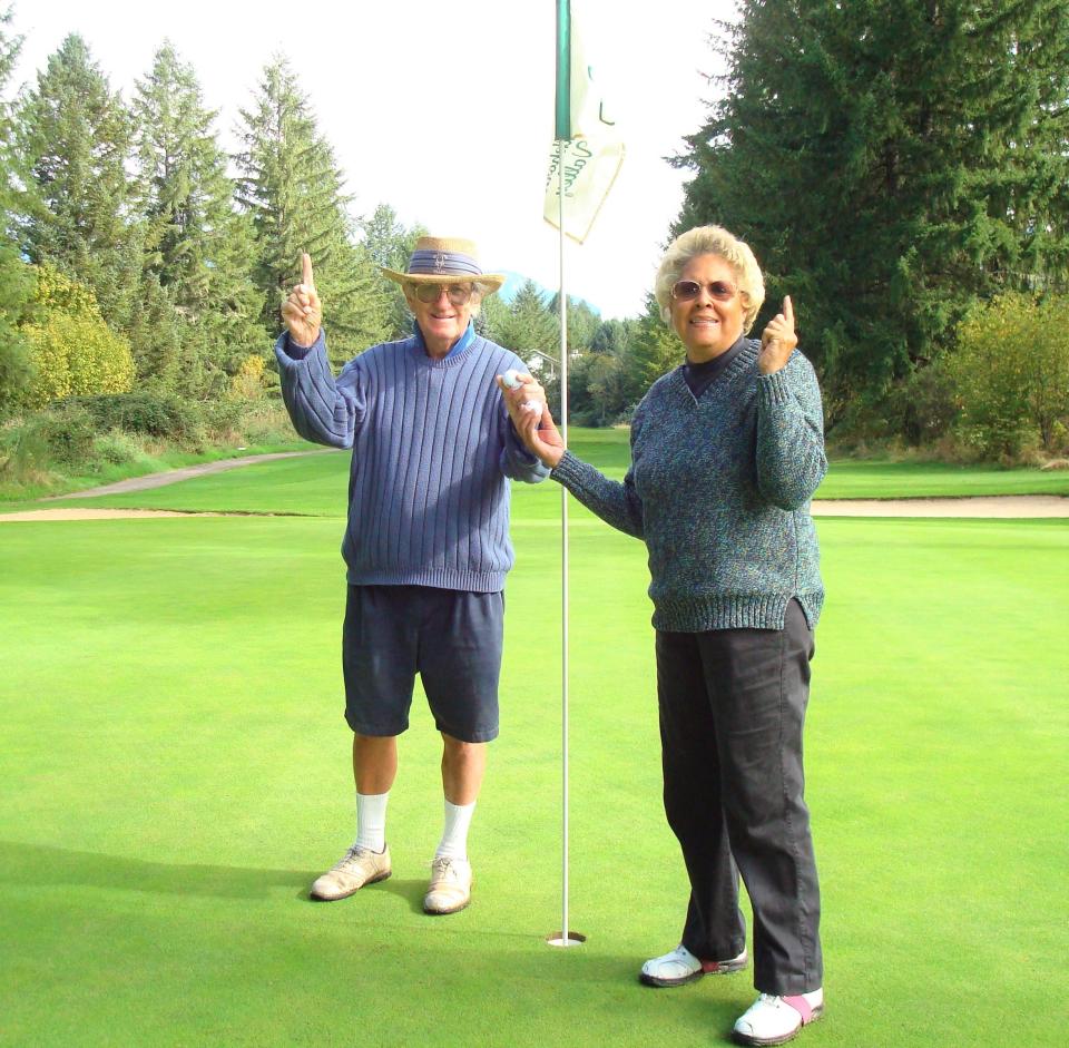Mike and Jan Long celebrate both shooting a hole in one the same day at the No. 12 hole at Elkhorn Valley Golf Course in 2010.