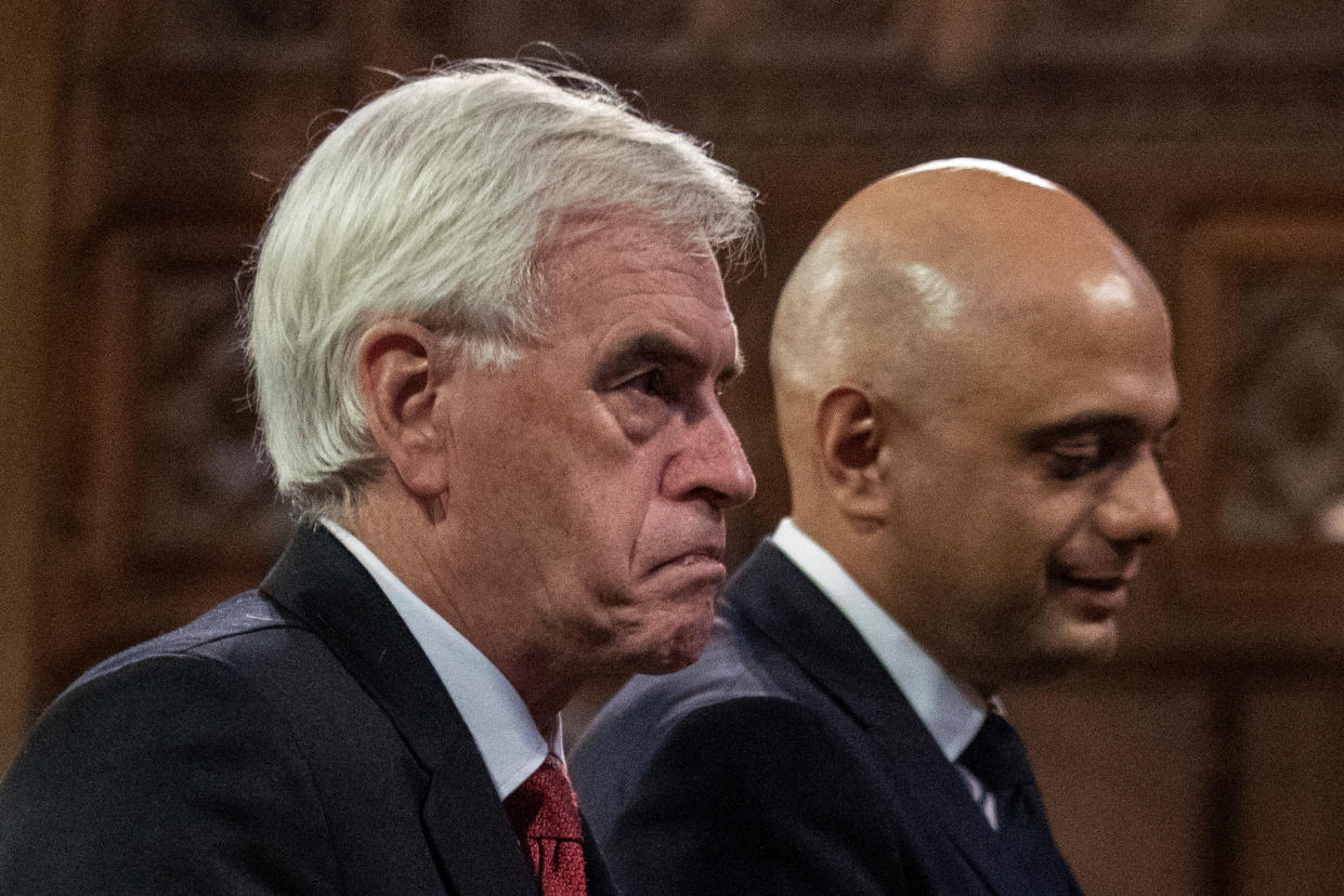 Shadow chancellor John McDonnell, left, walks with Chancellor of the exchequer Sajid Javid during the state opening of parliament at Westminster Palace in London on 14 October. Photo: Jack Hill/Reuters 