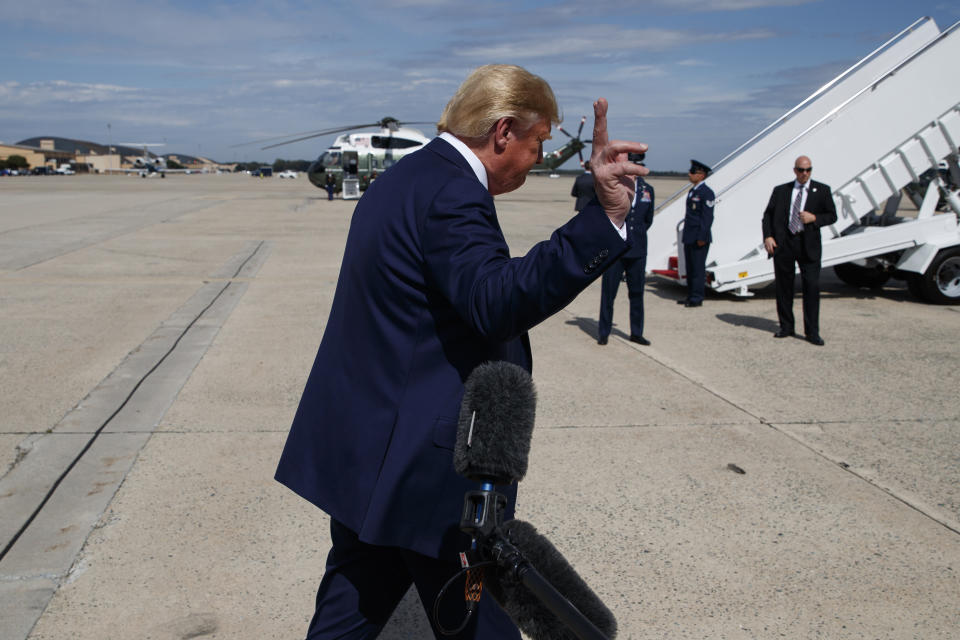 President Donald Trump walks off after speaking with reporters, Sept. 26, 2019, in Andrews Air Force Base, Maryland. (Photo: ASSOCIATED PRESS/Evan Vucci)