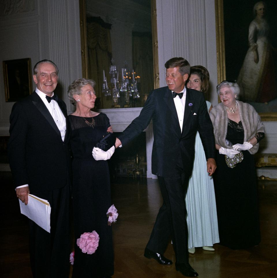 <p>President John F. Kennedy and first lady Jacqueline Kennedy greet guests at a dinner in honor of Nobel Prize winners, April 29, 1962, at the White House in Washington. (Photo: Robert Knudsen/The White House/John F. Kennedy Presidential Library and Museum) </p>
