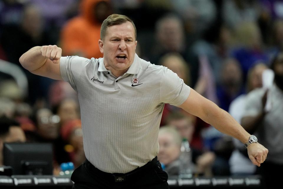 Iowa State head coach T.J. Otzelberger talks to his players during the second half of an NCAA college basketball game against Baylor in the second round of the Big 12 Conference tournament Thursday, March 9, 2023, in Kansas City, Mo. (AP Photo/Charlie Riedel)