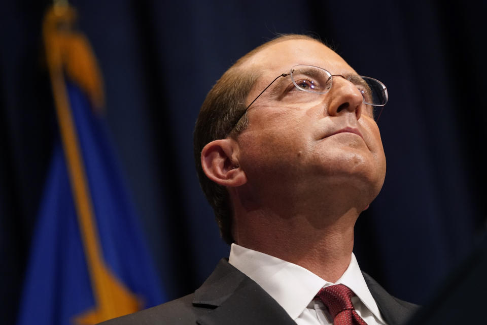 Health and Human Services Secretary Alex Azar listens to a reporter's question during a news conference on Operation Warp Speed and COVID-19 vaccine distribution, Tuesday, Jan. 12, 2021, in Washington. (AP Photo/Patrick Semansky, Pool)