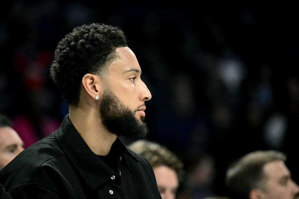 NEW YORK, NY - FEBRUARY 29: Brooklyn Nets No. 10 Ben Simmons watches from the bench during the first half of a game against the Atlanta Hawks on February 29, 2024 at Barclays Center in New York City. Note to User: You expressly acknowledge and agree that by downloading or using this photo, you are agreeing to the terms of the Getty Images License Agreement.  (Photo by Stephen Ryan/Getty Images)