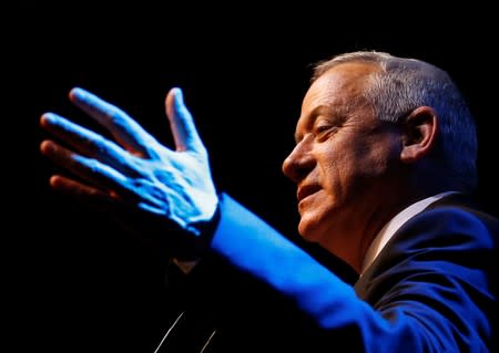 Blue and White party leader Benny Gantz speaks at the party's headquarters following the announcement of exit polls during Israel's parliamentary election in Tel Aviv