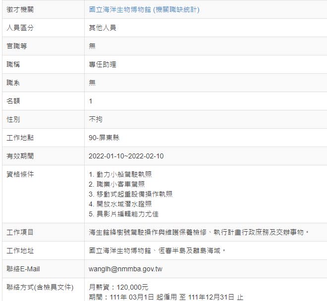 屏東國立海洋生物博物館發佈助理職缺（圖/翻攝自國立海洋生物博物館官網）