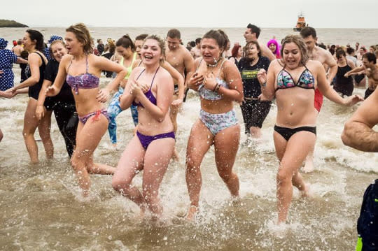 Polar Bear Plunge in the sea at Barry Island, near Cardiff, Wales