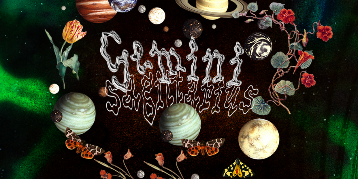 the words gemini and sagittarius in a squiggly font, surrounded by flowers and planets