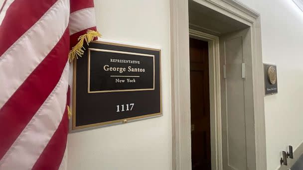 PHOTO: A nameplate hangs outside of George Santos' office in Washington. (Lalee Ibssa/ABC News)