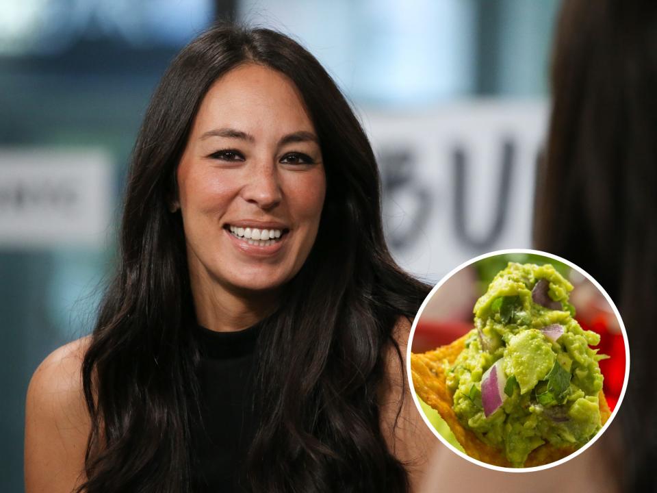joanna gaines smiling wearing black top and guacamole in white circle under her