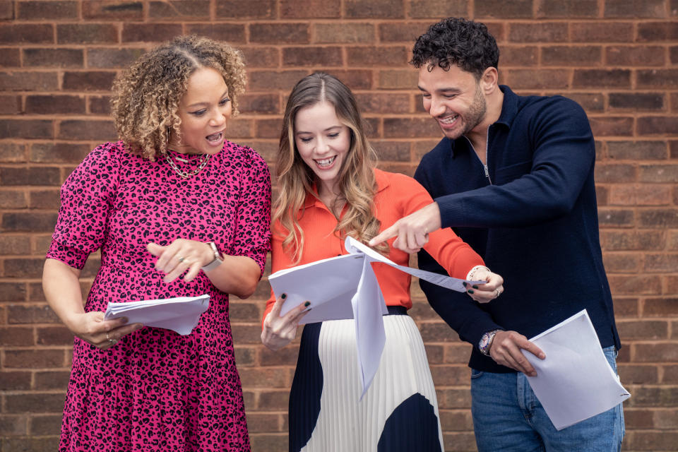 Adam Thomas with Angela Griffin and Katie Griffiths on the set of Waterloo Road. (BBC)