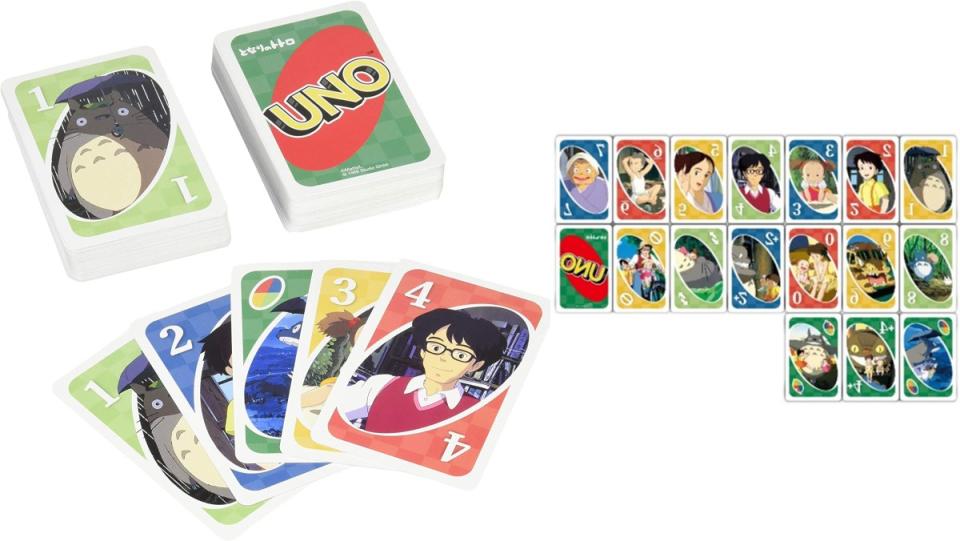 Image of a My Neighbor Totoro UNO deck and the playing deck featuring characters like Satsuki and Mei.