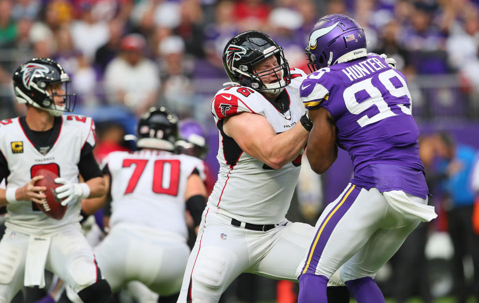 McGary protecting Matt Ryan. (Getty)