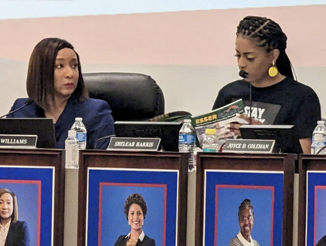 Former Board Member Sheleah Harris, right, discussed relief funds with interim Superintendent Toni Williams during a May 9 meeting. (Venita Doggett)