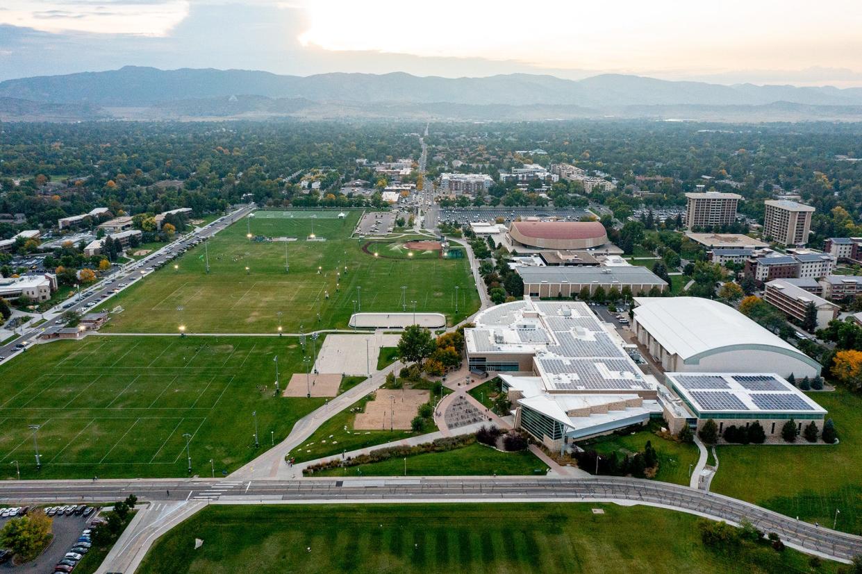 Colorado State Univeristy has 42 solar arrays on campus, including this one on top of the Student Recreation Center, and a geothermal exchange system to heat and cool Moby Arena underneath the adjacent intramural fields on its main campus in Fort Collins. Those projects helped CSU earn a platinum rating for the fourth straight year in Sustainability Tracking, Assessment and Rating from the Association for the Advancement of Sustainability in Higher Education.