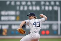 New York Yankees' Chance Adams pitches during the first inning of a baseball game against the Boston Red Sox in Boston, Saturday, Aug. 4, 2018. (AP Photo/Michael Dwyer)