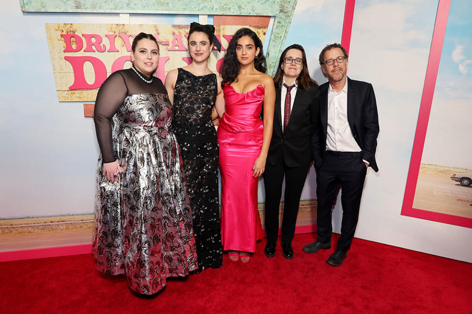 (L-R) Beanie Feldstein, Margaret Qualley, Geraldine Viswanathan, Tricia Cooke, and Ethan Coen attend the "Drive-Away Dolls" New York Premiere at AMC Lincoln Square Theater on February 20, 2024 in New York City.