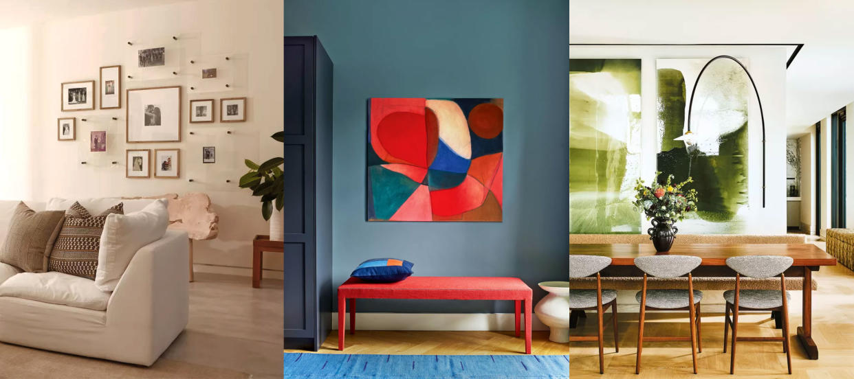  How many pictures should you hang on a wall? Living room with photo gallery wall. Blue entryway with red artwork and bench. Open-plan dining room with green abstract artwork 