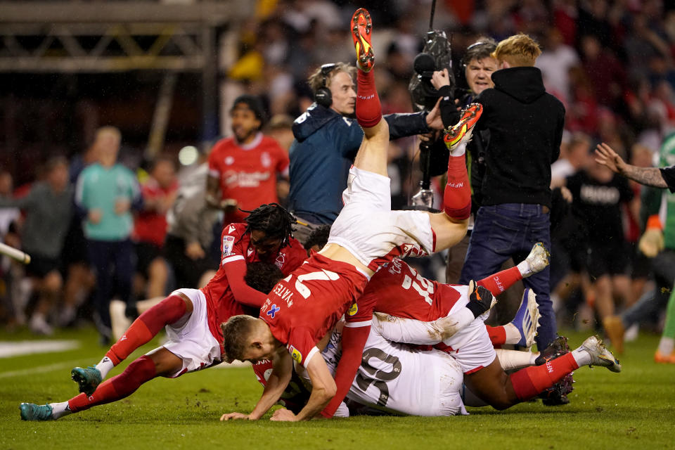 Nottingham Forest players (pictured) celebrate getting to the play off final during the Sky Bet Championship play-off semi-final, second leg match at the City Ground, Nottingham.