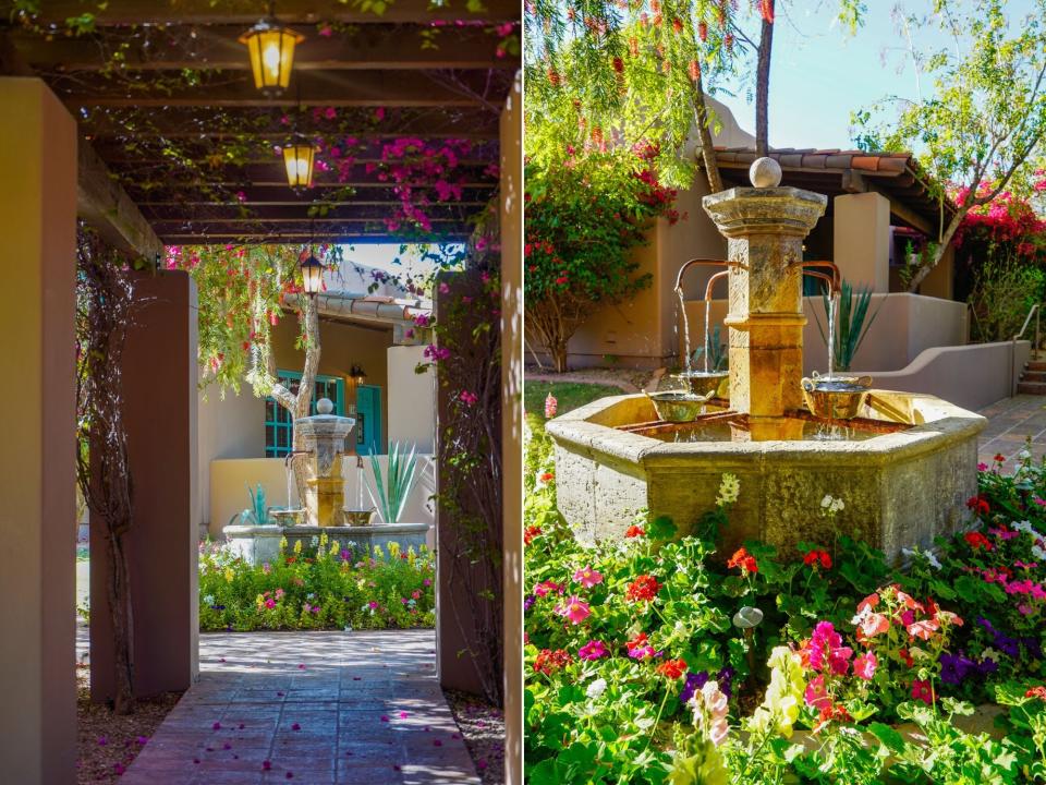 Two photos of a fountain in a garden in front of an adobe structure