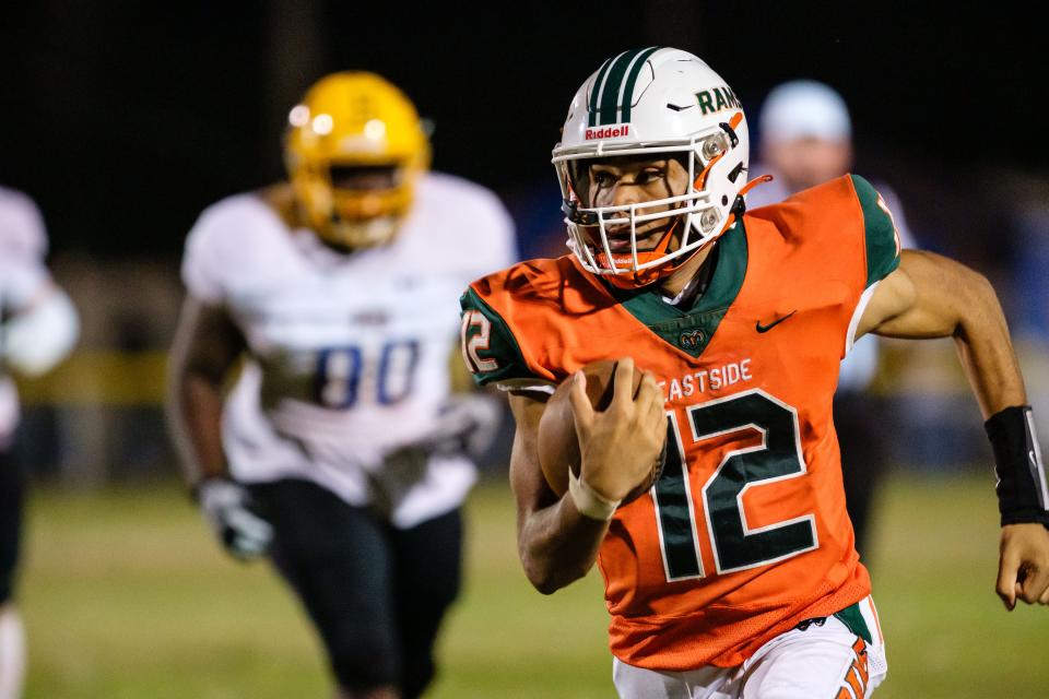 Eastside Rams Adrian Curtis (12) runs with the ball during the first half between Eastside High School and Palatka High School at Citizens Field in Gainesville, FL on Friday, November 10, 2023. [Chris Watkins/Gainesville Sun]