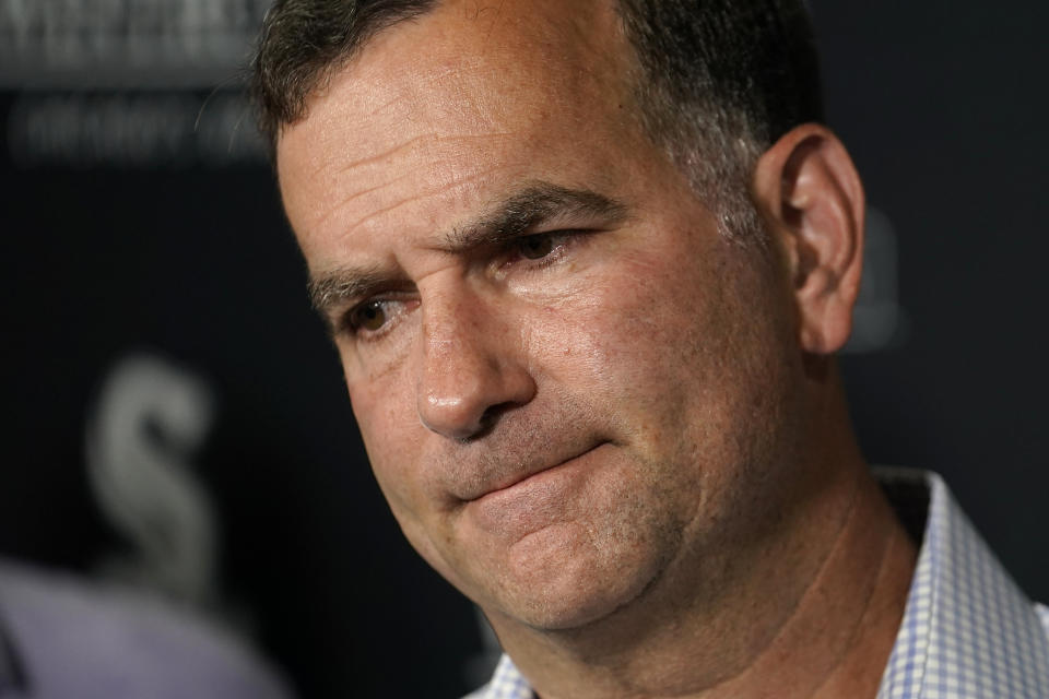 FILE - Chicago White Sox general manager Rick Hahn listens to a question as he talks to reporters before the team's baseball game against the New York Yankees, Aug. 7, 2023, in Chicago. The White Sox fired Hahn and Executive Vice President Ken Williams on Tuesday, Aug. 22. (AP Photo/Charles Rex Arbogast, File)