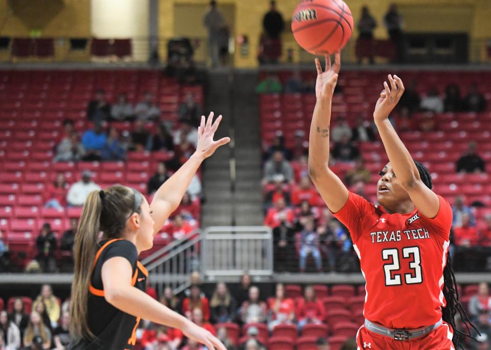 Texas Tech's Bre'Amber Scott takes a shot against Oklahoma State in a Big 12 women's basketball game Saturday, Feb. 18, 2023, at United Supermarkets Arena.