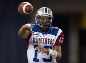 Montreal Alouettes quarterback Anthony Calvillo (13) throws during first half CFL exhibition action against the Toronto Argonauts in Toronto on Tuesday June 19, 2012. THE CANADIAN PRESS/FRANK GUNN