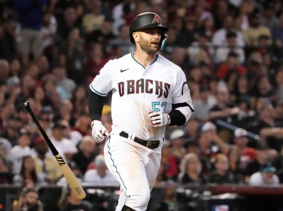 Arizona Diamondbacks first baseman Christian Walker (53) flies out in the eighth inning against the Philadelphia Phillies in Game 5 of the NLCS of the 2023 MLB playoffs at Chase Field on Oct. 21, 2023, in Phoenix, AZ. The Phillies beat the Diamondbacks 6-1, giving Philadelphia the overall lead of 3-2 in the NLCS playoffs.