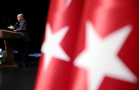 Turkish President Tayyip Erdogan addresses the audience during a meeting at the Presidential Palace in Ankara, Turkey, February 21, 2018. Murat Cetinmuhurdar/Presidential Palace/Handout via REUTERS