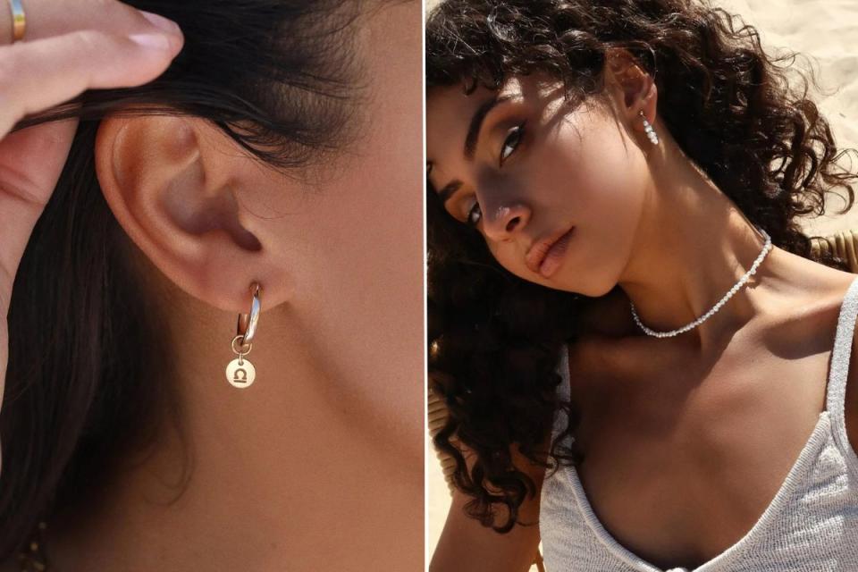 Models wearing the Freshwater Pearl Thick Gold Hoop Earrings and the Zodiac Thick Hoop Earrings