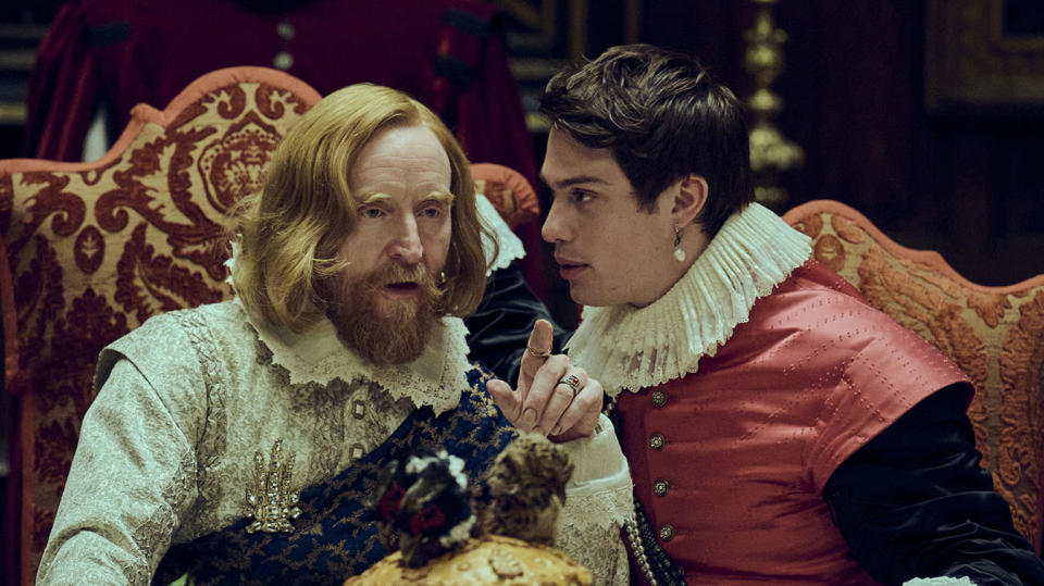 Tony Curran and Nicholas Galitzine as King James I and George Villiers in Mary & George. (Sky)