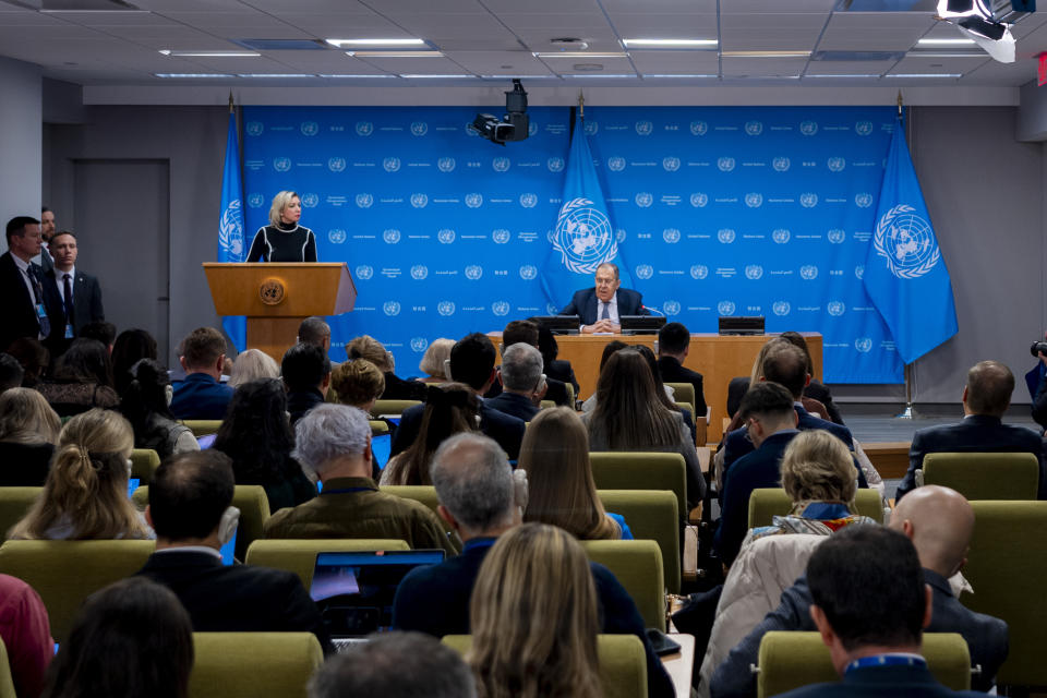 Russia Foreign Minister Sergey Lavrov speaks at a media briefing on Wednesday, Jan. 24, 2024, at United Nations Headquarters. (AP Photo/Peter K. Afriyie)